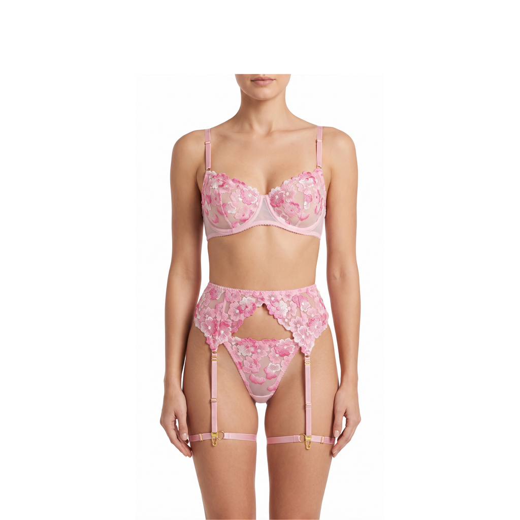 Blumenspitzen-Dessous-Set — BH, String & Strumpfhalter