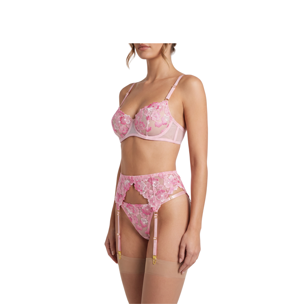 Blumenspitzen-Dessous-Set — BH, String & Strumpfhalter