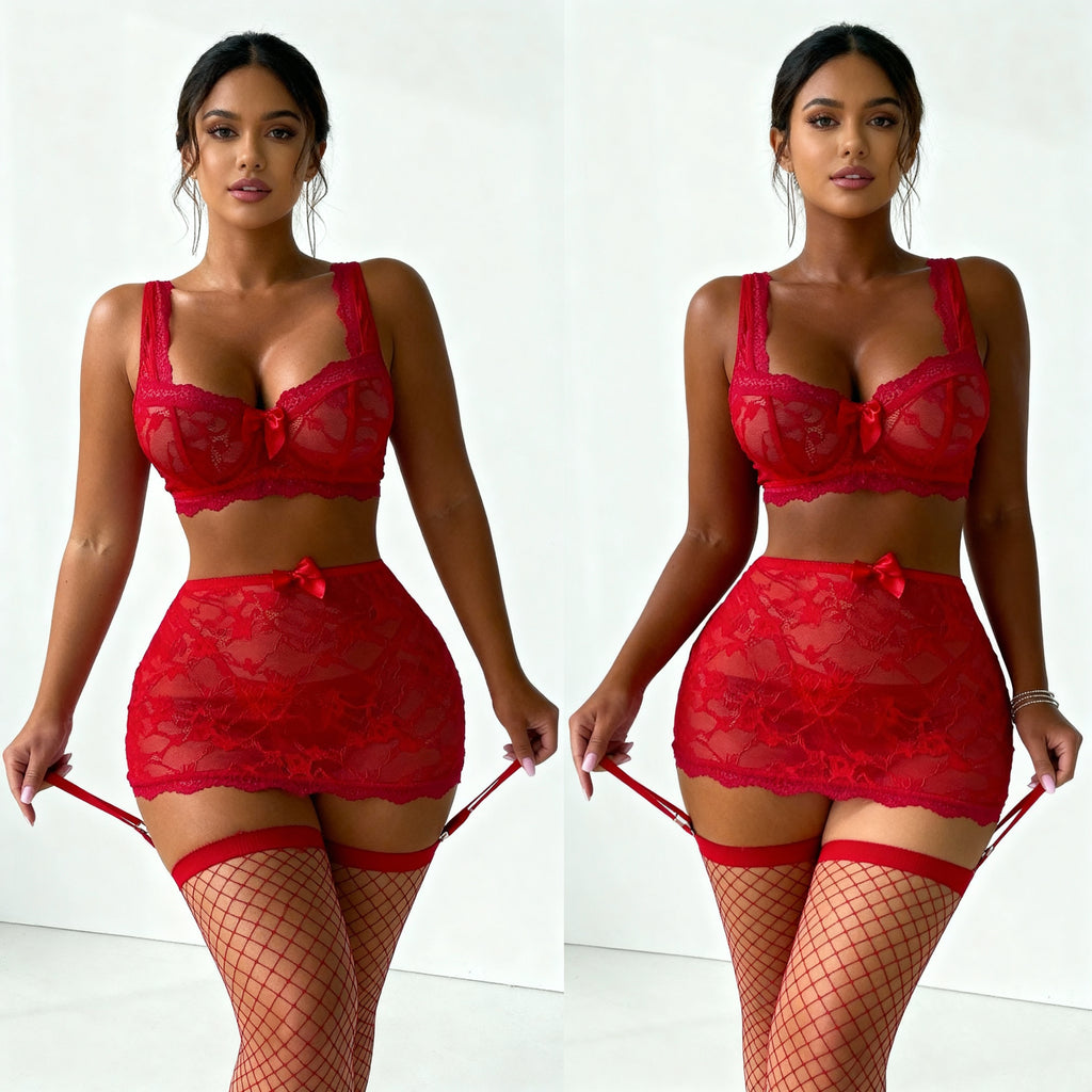 Marilyne Ensemble En Dentelle Rouge Avec Jupe Voile Transparente Deux Pieces Pour Femme Élégante by Les Secrets de Léa