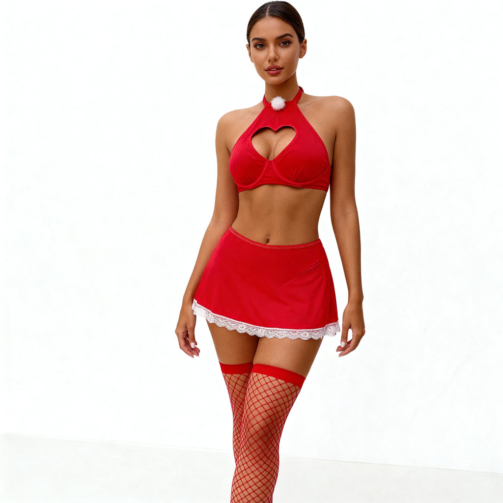 Alessandra Ensemble Quatre Pièces Rouge Découpe Cœur Tablier Dentelle Pour Femme Élégant Confortable Collection Luxe by Les Secrets de Léa