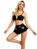 Anabelle Ensemble Soutien Gorge String Et Mini Jupe En Dentelle Noire Avec Volants Et Noeuds Roses by Les Secrets de Léa