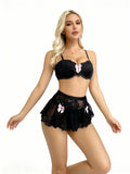 Anabelle Ensemble Soutien Gorge String Et Mini Jupe En Dentelle Noire Avec Volants Et Noeuds Roses by Les Secrets de Léa