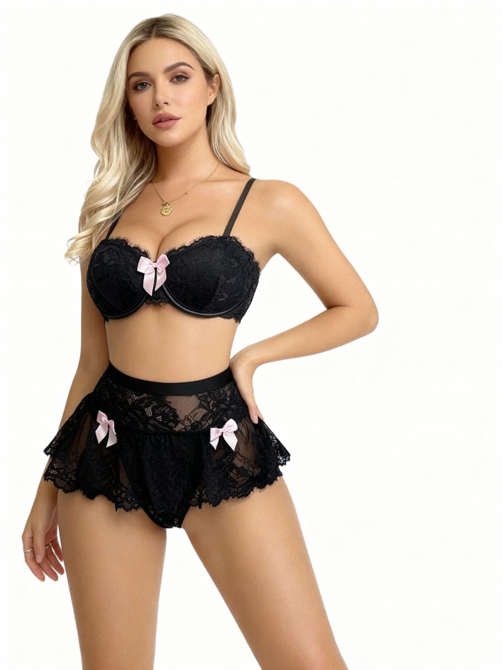 Anabelle Ensemble Soutien Gorge String Et Mini Jupe En Dentelle Noire Avec Volants Et Noeuds Roses by Les Secrets de Léa