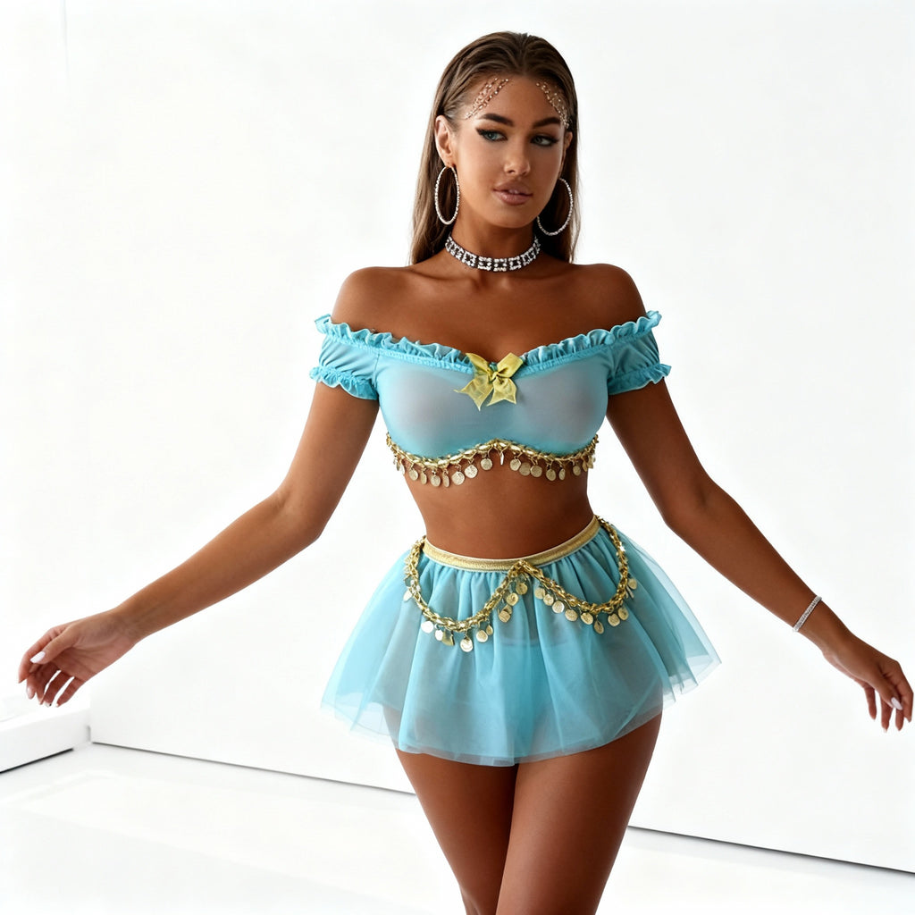 Elsa Ensemble Princesse Féérique Bleu Turquoise Trois Pièces Haut Court Jupe String Assorti Paillettes Dorées by Les Secrets de Léa