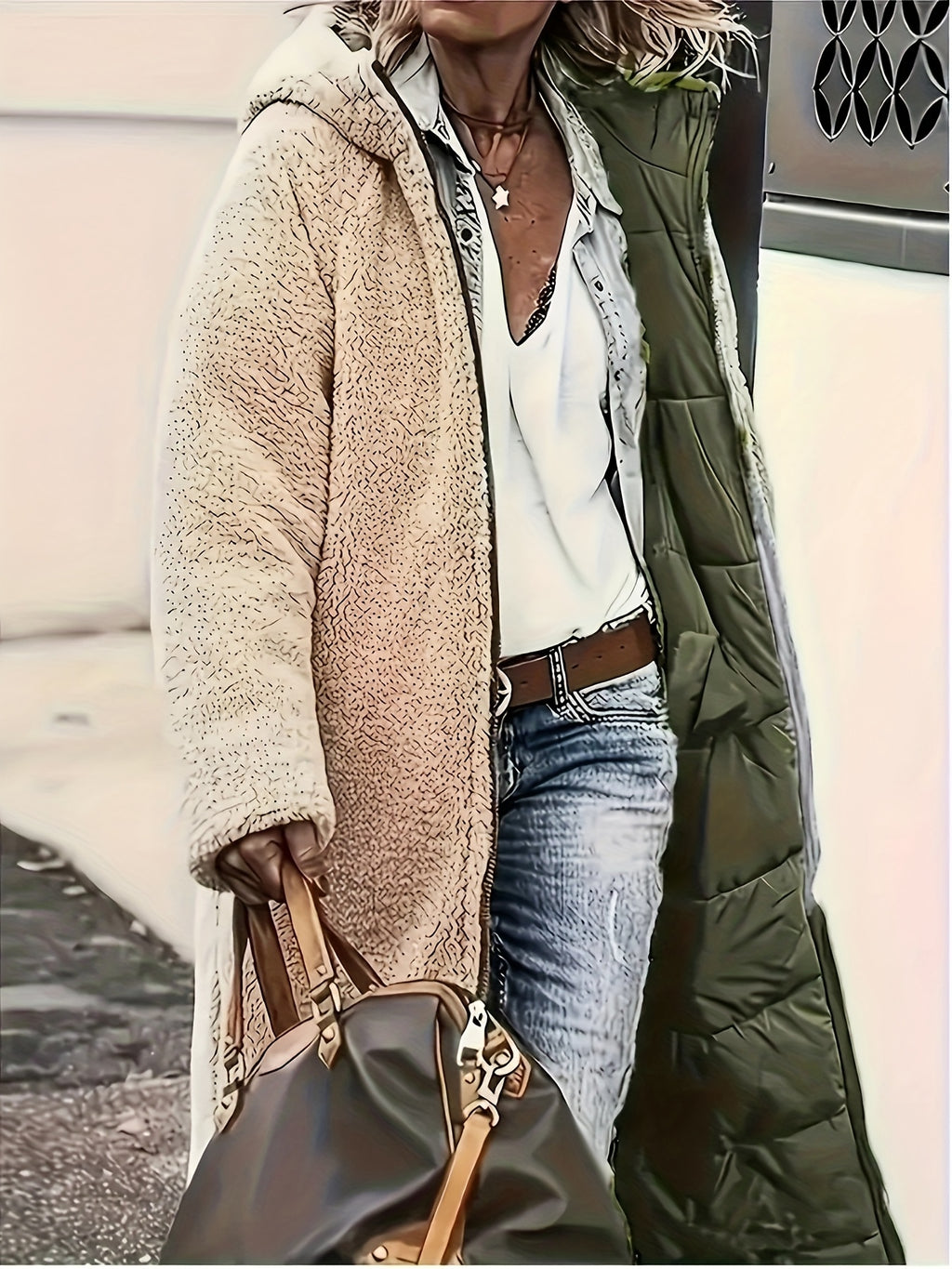 Manteau Femme Hiver Long Doublé Thermique À Capuche Poches Beige Marron Taupe Chaud by LSDLBoutique.ch