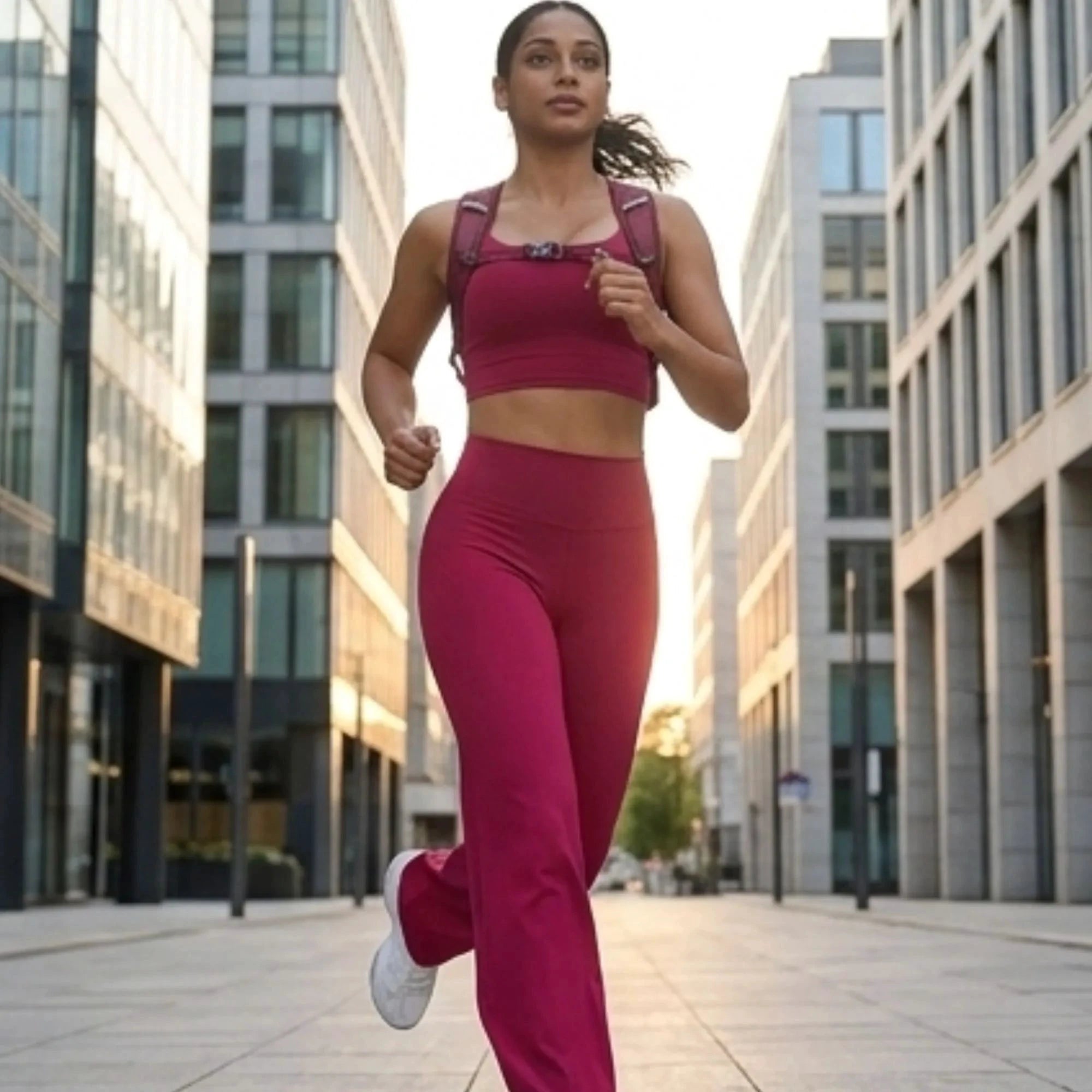 Image dynamique d'une femme portant l'ensemble d'entraînement fuchsia courir dans une rue urbaine. Sa foulée est fluide et ses cheveux sont attachés en queue de cheval. Elle sourit légèrement, avec un arrière-plan flou de bâtiments modernes.