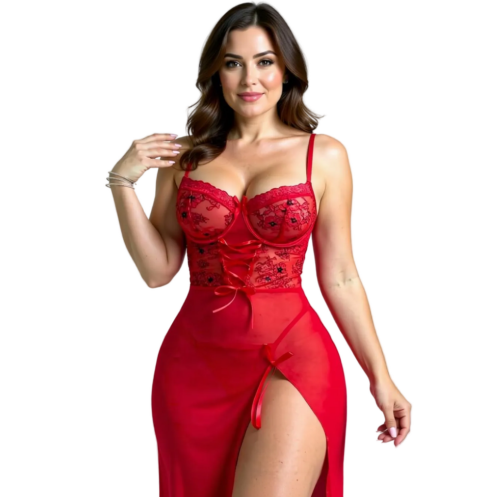 Léa's Secrets Dahlia Lace Satin Red Nightgown