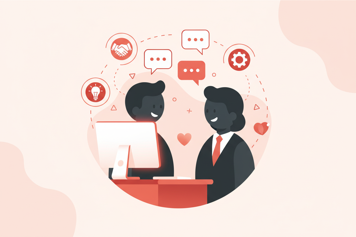Illustration de deux personnages discutant devant un bureau ou un écran, avec des symboles de communication autour.
Palette : fond clair #FAFAFA, silhouettes en #222222, accents chaleureux rouges #E10600, reflets blancs #FFFFFF.
Style vectoriel doux et humain, évoquant la confiance et la collaboration.