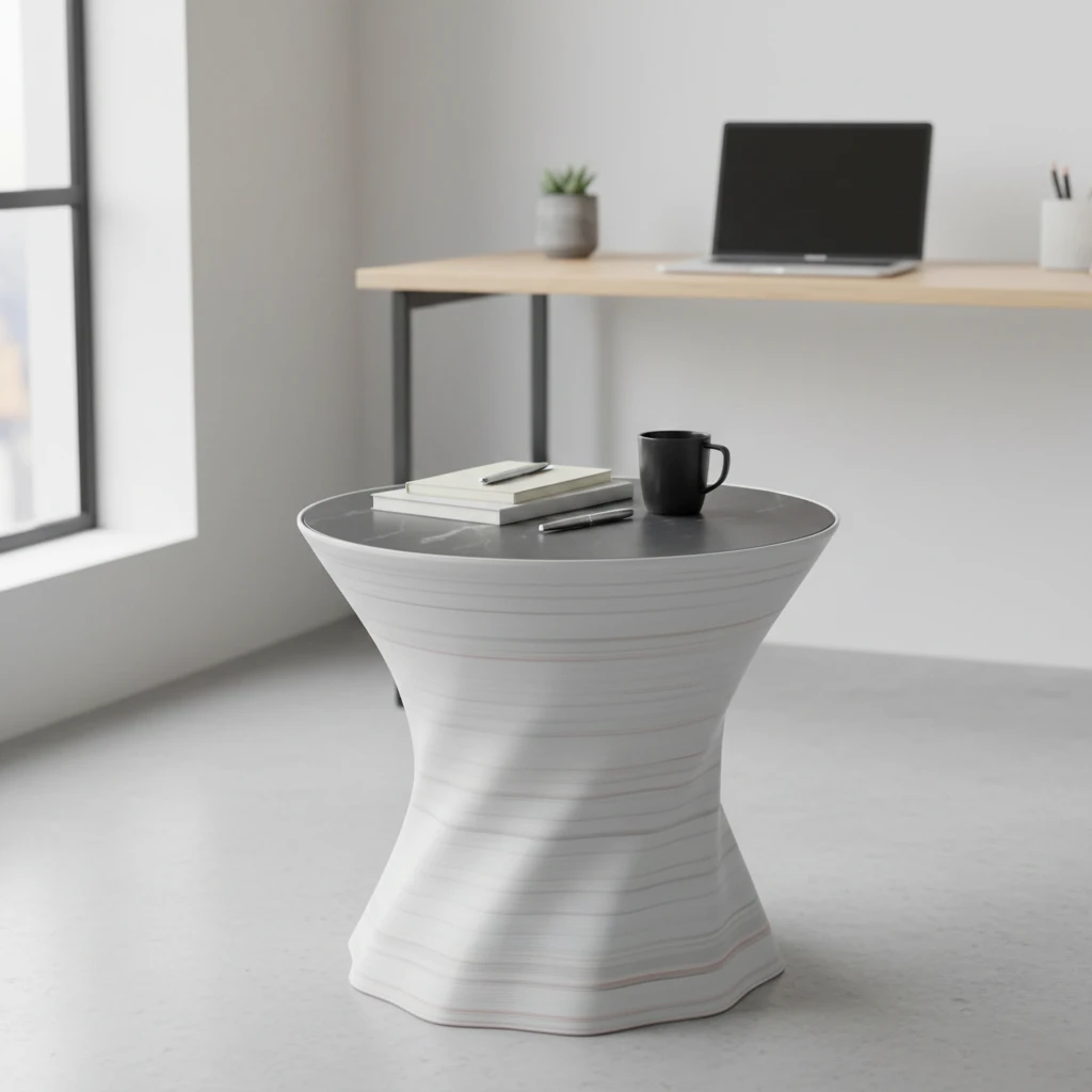 KESK table basse ronde Ø50x40 cm, plateau effet marbre gris foncé sur socle torsadé blanc