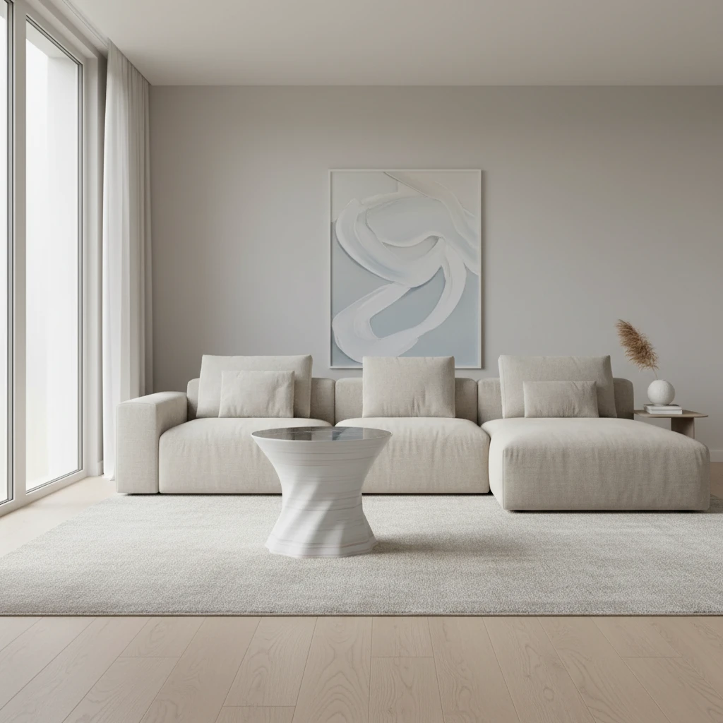 Table basse Kesk – plateau effet marbre rond Ø50x40 cm, socle sculpté blanc