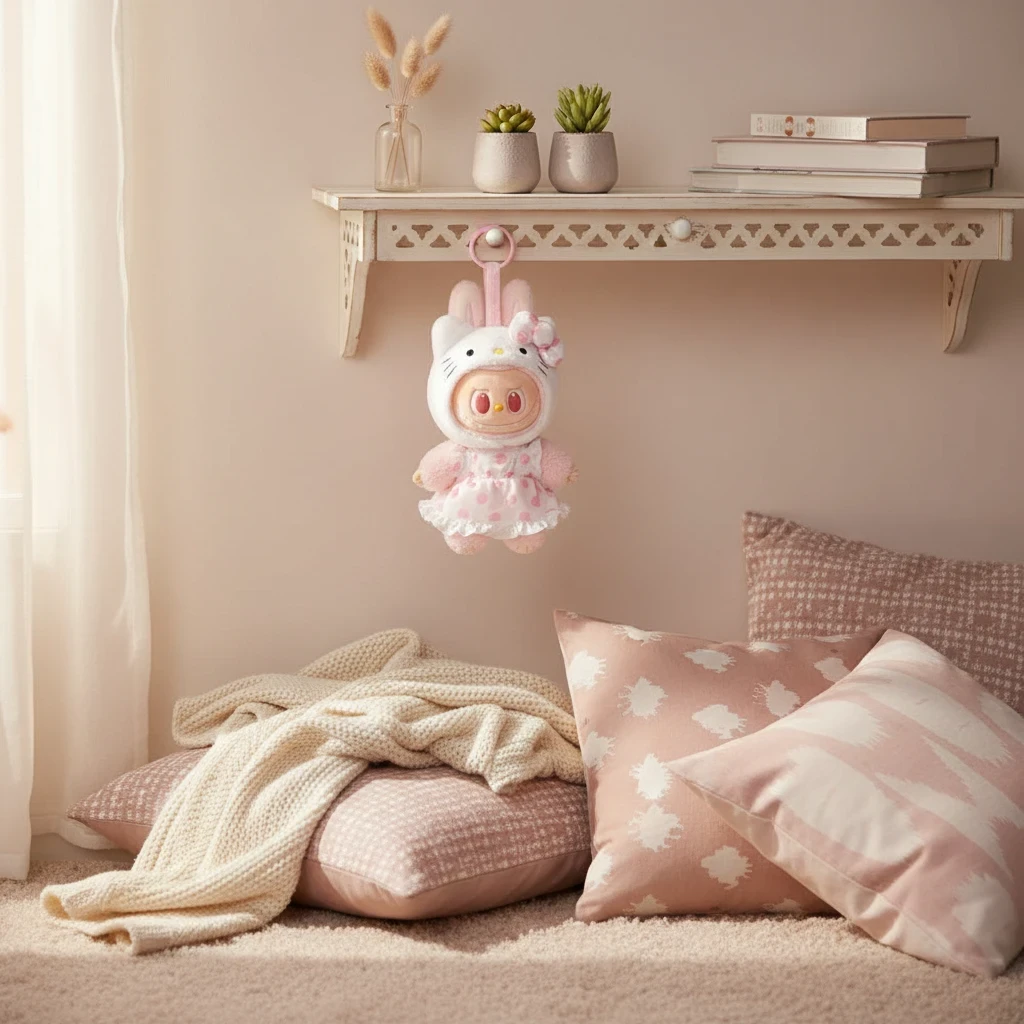 Porte-clés peluche Labubu Hello Kitty, blanc et rose, accessoire déco POP MART