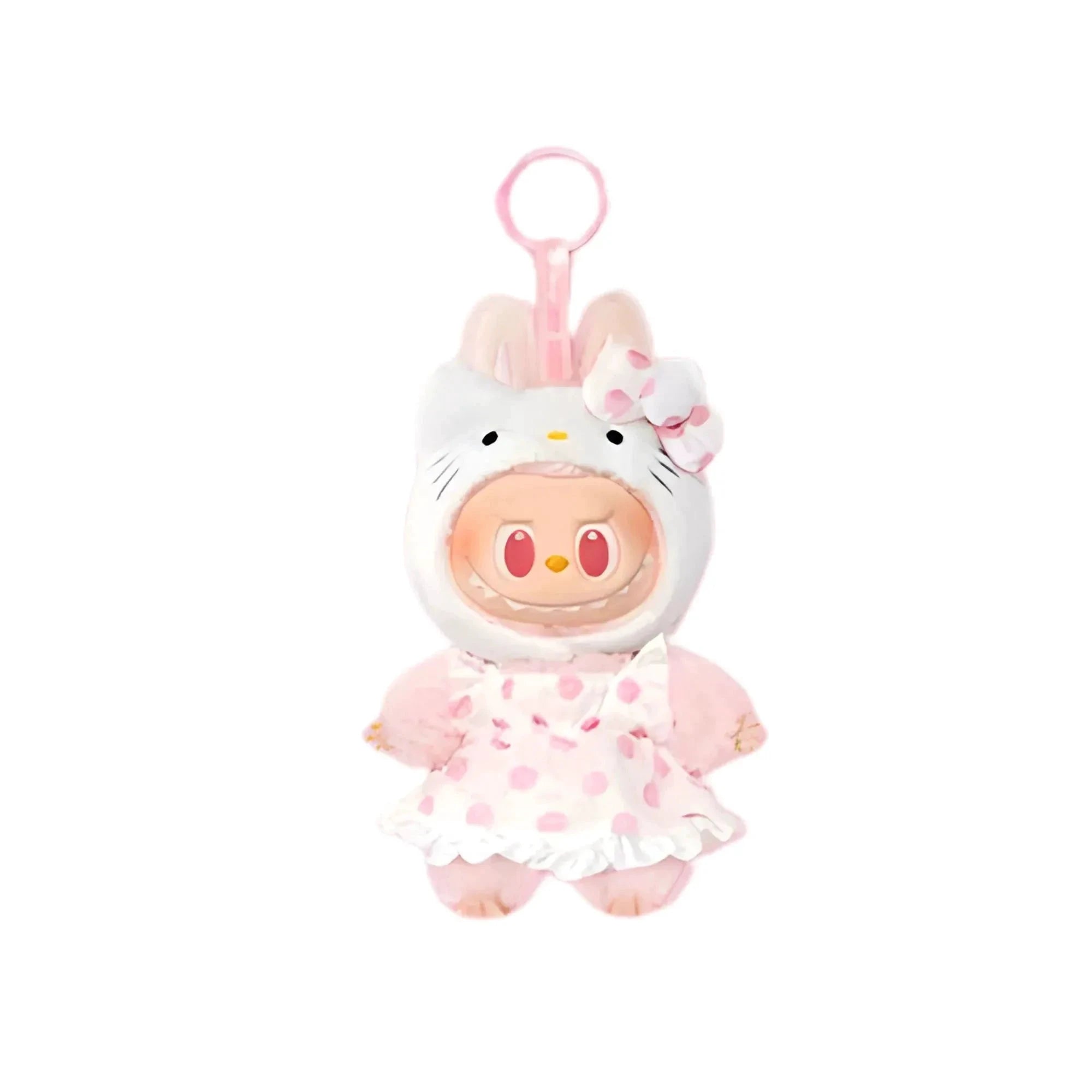 Porte-clé peluche Labubu Hello Kitty × Sanrio, POP MART; capuche blanche avec oreilles et nœud, robe à pois rose.