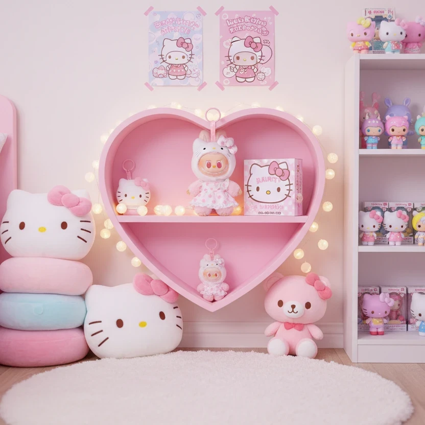 Porte-clé peluche Labubu Hello Kitty Sanrio x POP MART, rose pastel