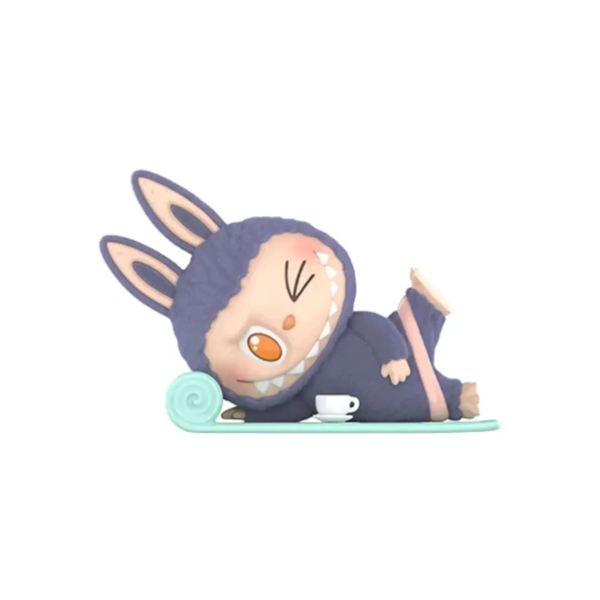 Mon Labubu figurine: purple lazy monster bunny in dark blue outfit, lounging on mint yoga mat with teacup
