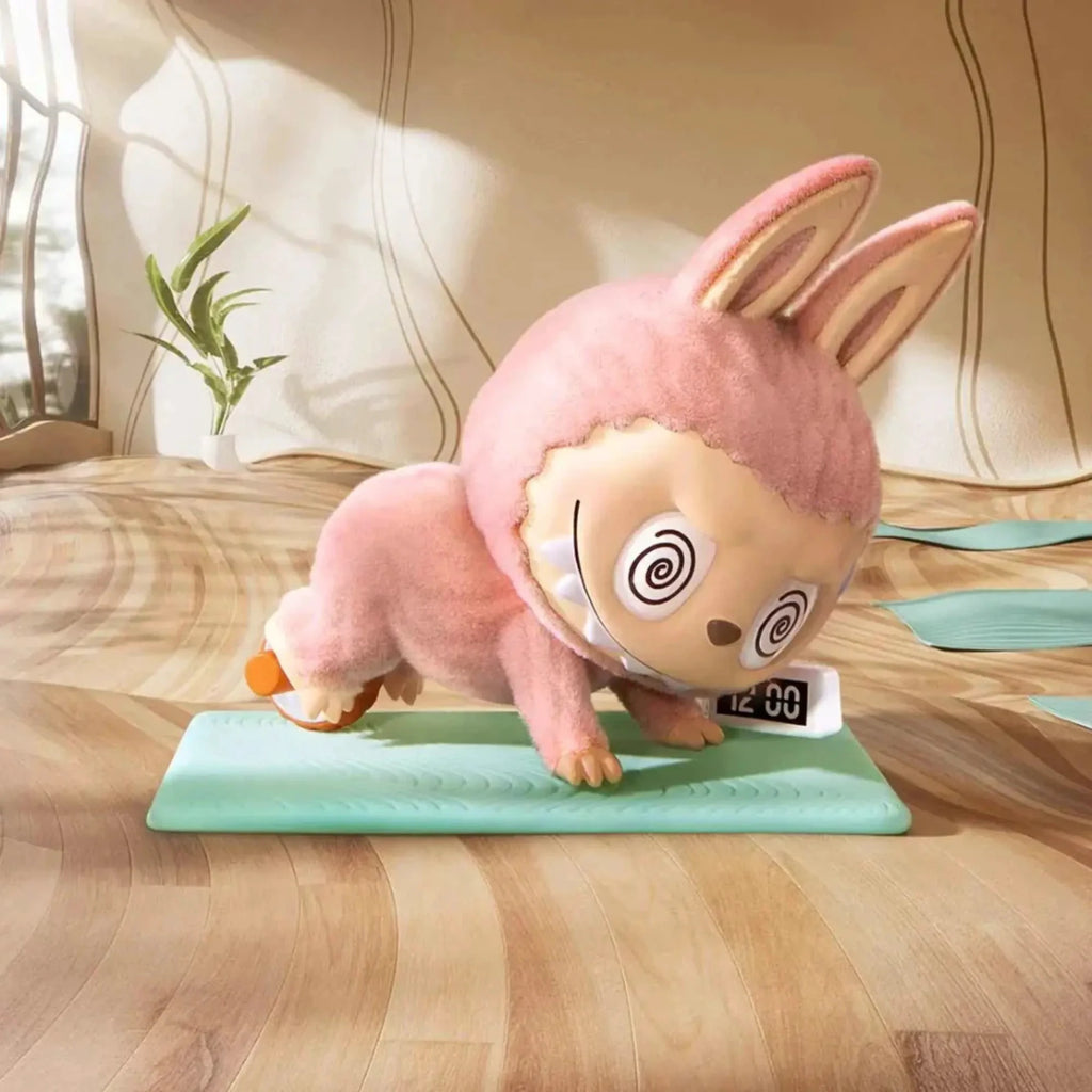 Figurine Labubu Lazy Yoga pink plush on turquoise mat, Mon Labubu by POP MART