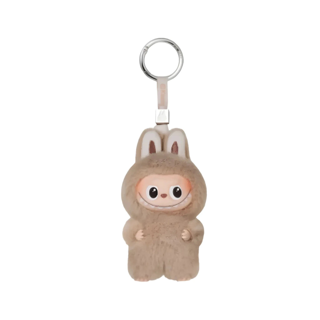 POP MART Labubu figurine vinyle peluche avec porte-clé beige, yeux noirs et oreilles