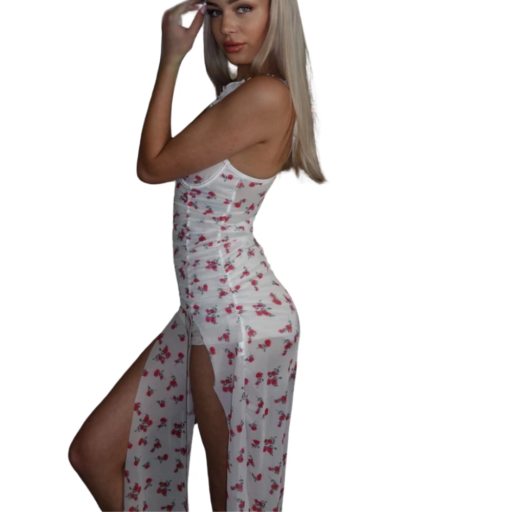 Les Secrets de Léa – robe fendue blanche à fleurs – Gabriella