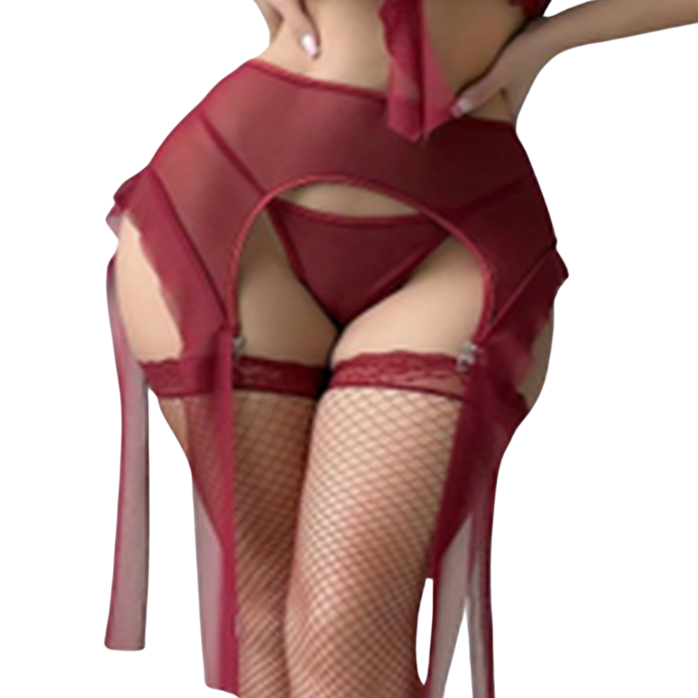 Léas Geheimnisse – Dreiteiliges bordeauxrotes Tüll-Dessous-Set – Margaux