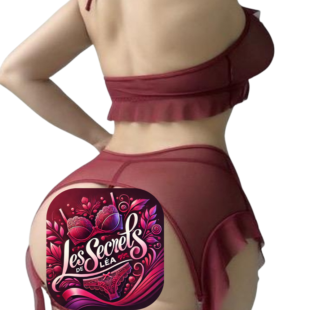 Léas Geheimnisse – Dreiteiliges bordeauxrotes Tüll-Dessous-Set – Margaux