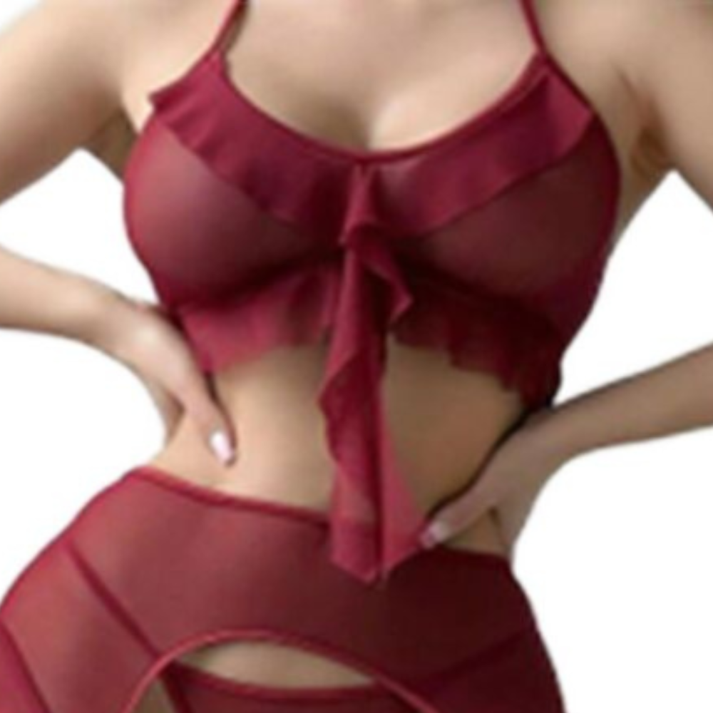 Léas Geheimnisse – Dreiteiliges bordeauxrotes Tüll-Dessous-Set – Margaux