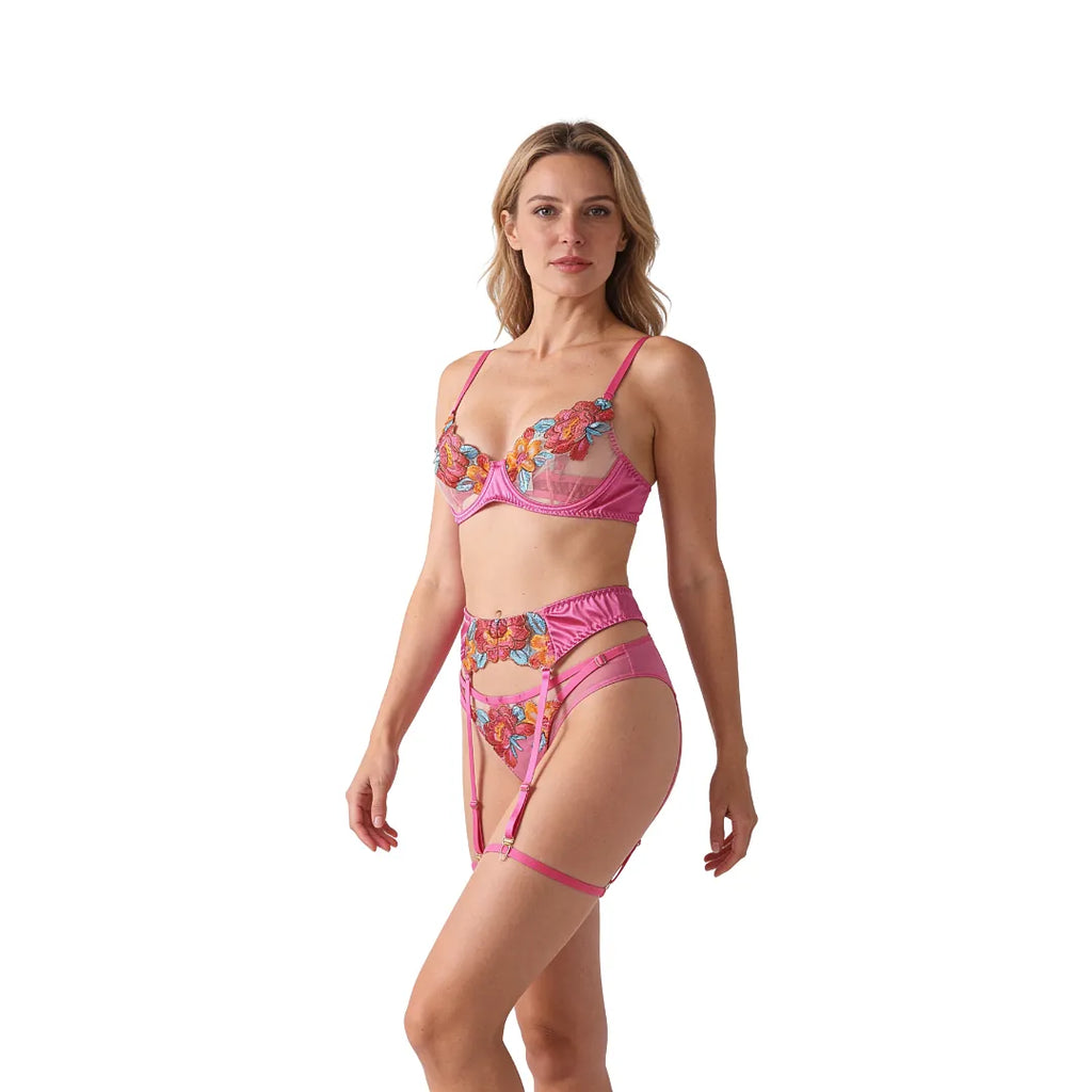 Ensemble lingerie 3 pièces Vahinée rose fuchsia, dentelle florale brodée et porte-jarretelles