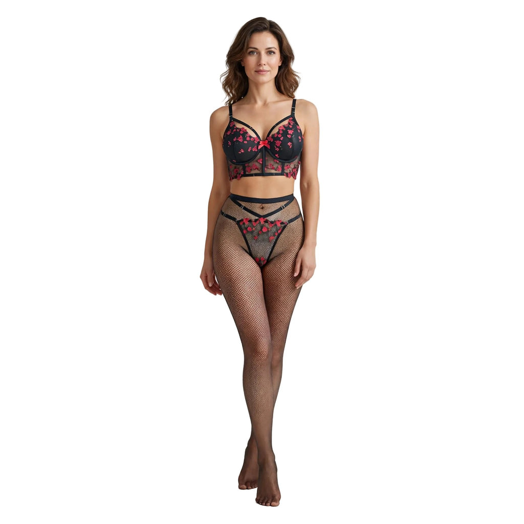 Diccvicc Korsett-Set mit floraler Spitze, Bandagen-Dessous, Schwarz Rot
