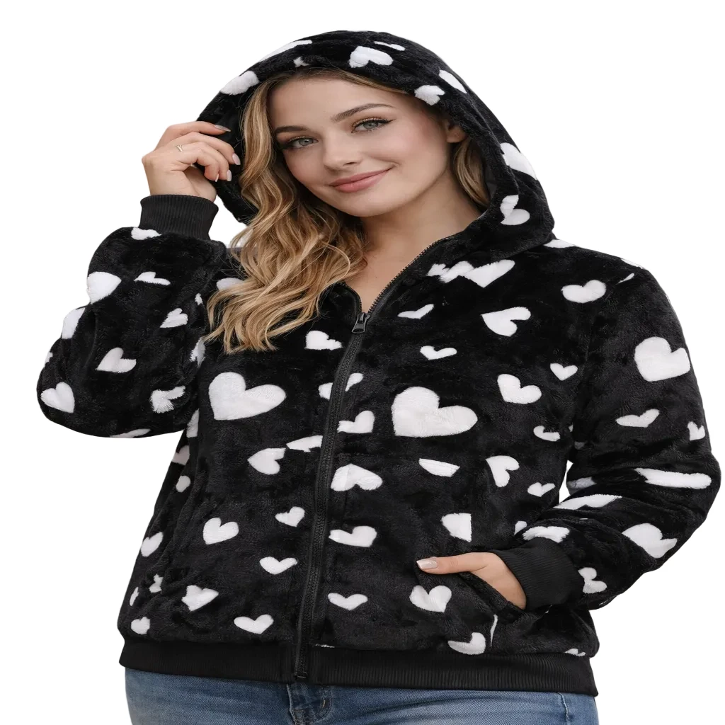 Kapuzenstrickjacke mit Herzmuster und Reißverschluss