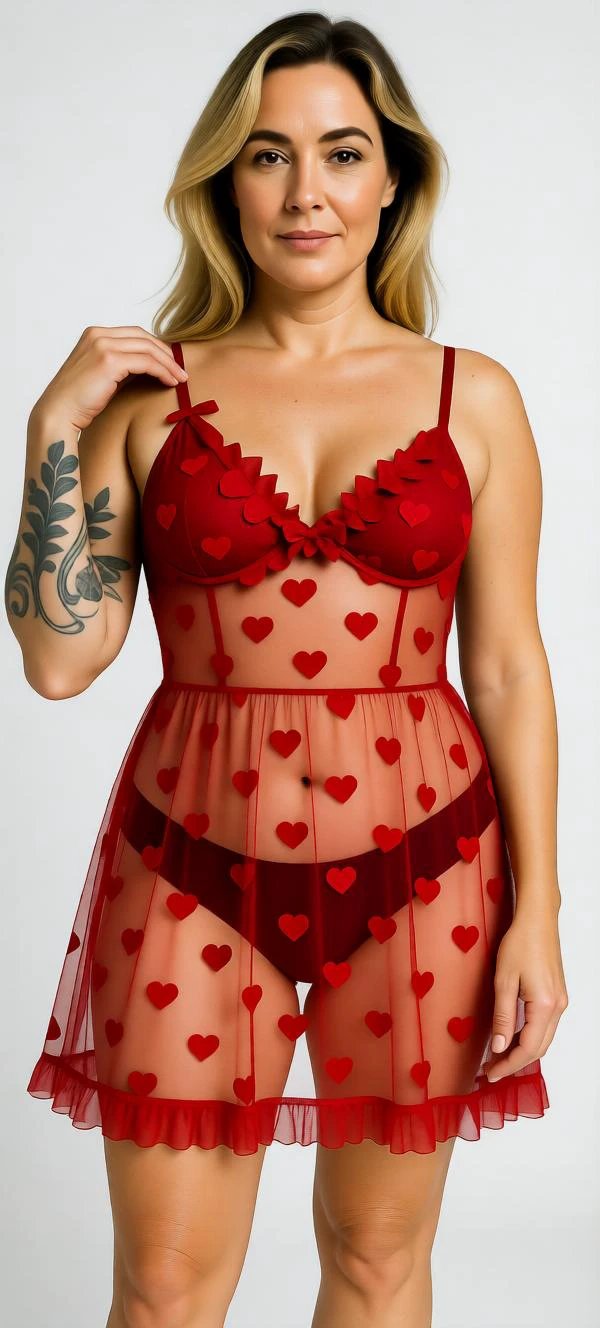 Les Secrets de Léa – nuisette rouge en tulle à cœurs – Valentina