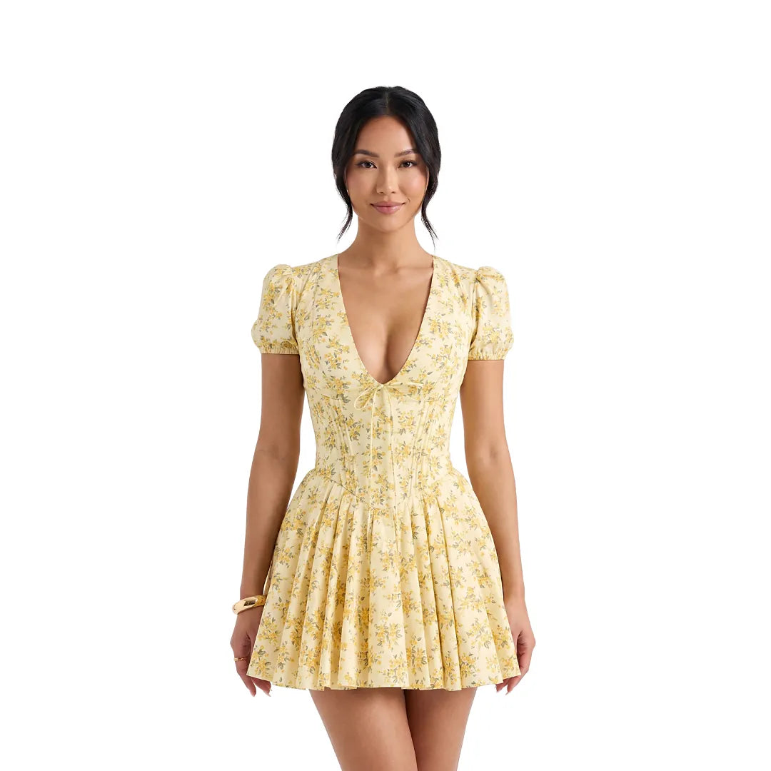Robe mini plissée à imprimé floral – Manches bouffantes col en V