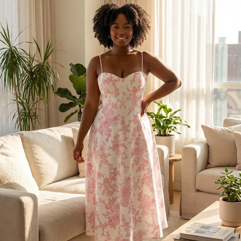 Robe longue florale à bretelles spaghetti et coupe évasée – Modèle Rose