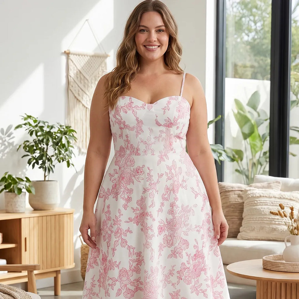 Robe longue florale à bretelles spaghetti et coupe évasée – Modèle Rose