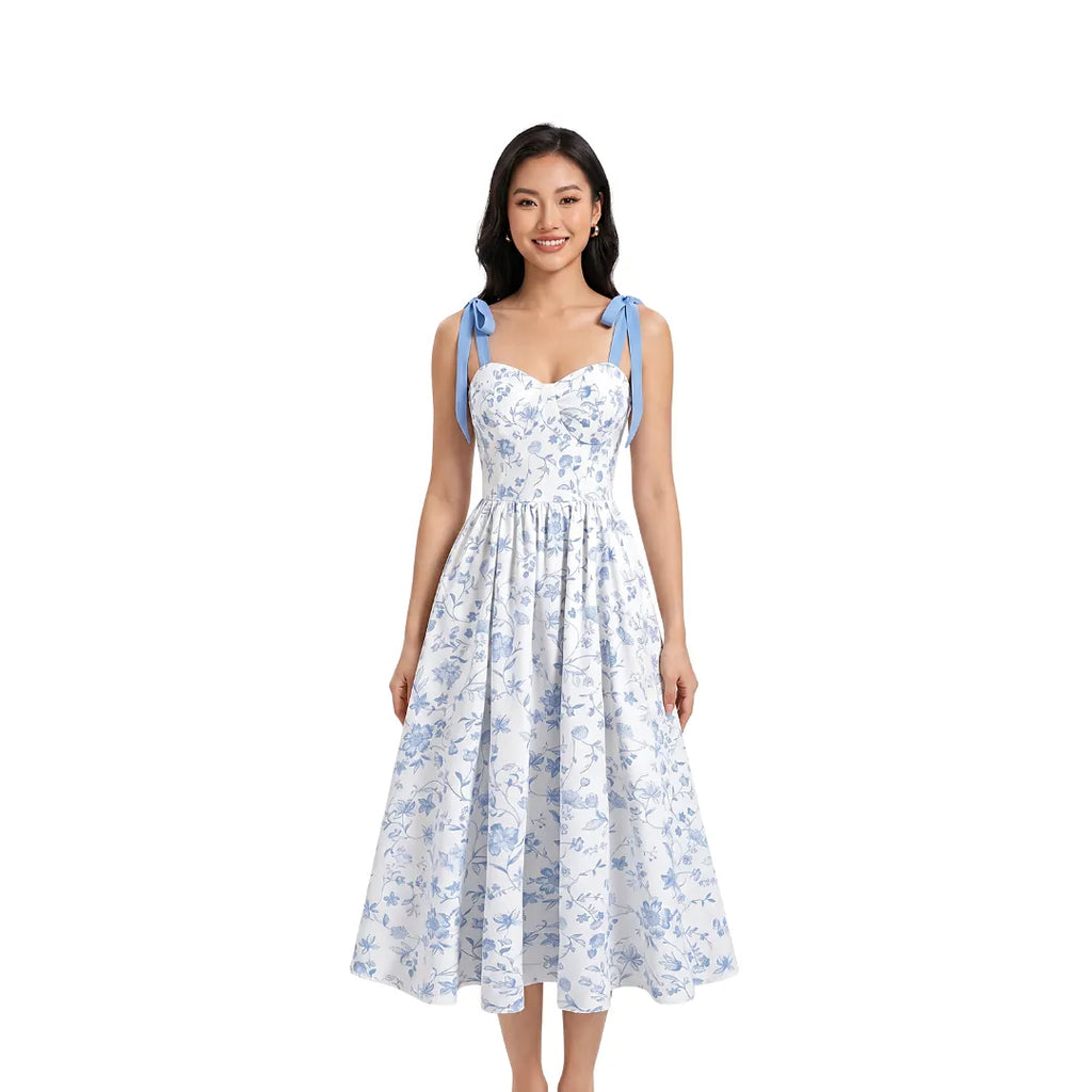 Robe mi-mollet bretelles fines imprimé floral