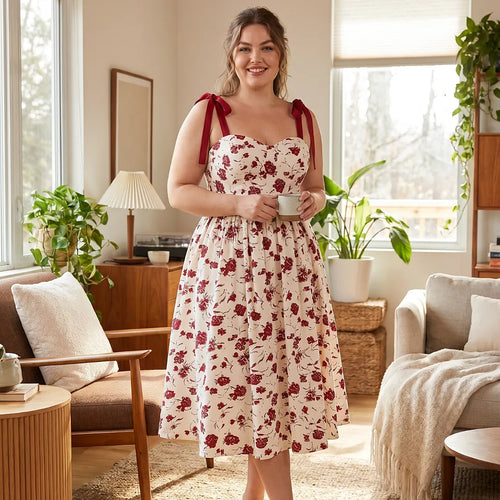 Robe mi-mollet bretelles fines imprimé floral
