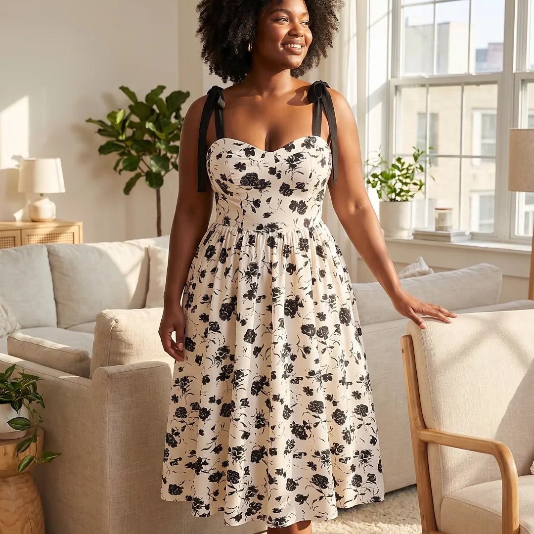 Robe mi-mollet bretelles fines imprimé floral