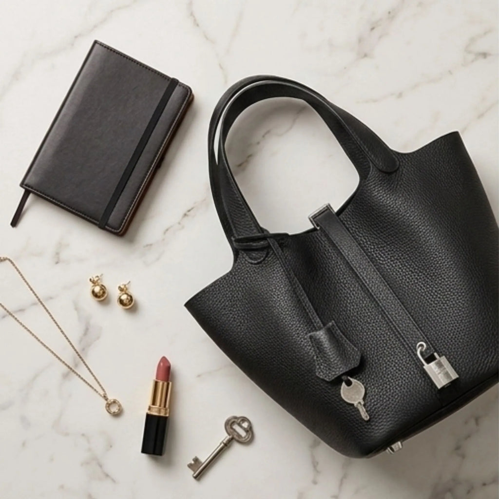 Une vue d'ensemble d'un plan de travail de maquillage. Le sac à main noir est ouvert et son contenu est étalé : rouge à lèvres, fard à paupières, pinceaux, parfum et miroir.