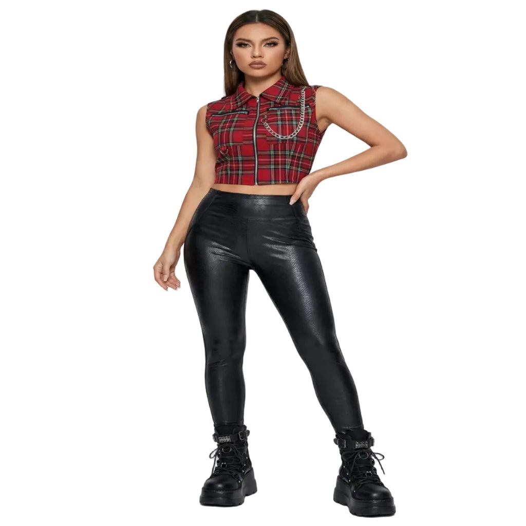 Rot kariertes Punk-T-Shirt mit Reißverschluss