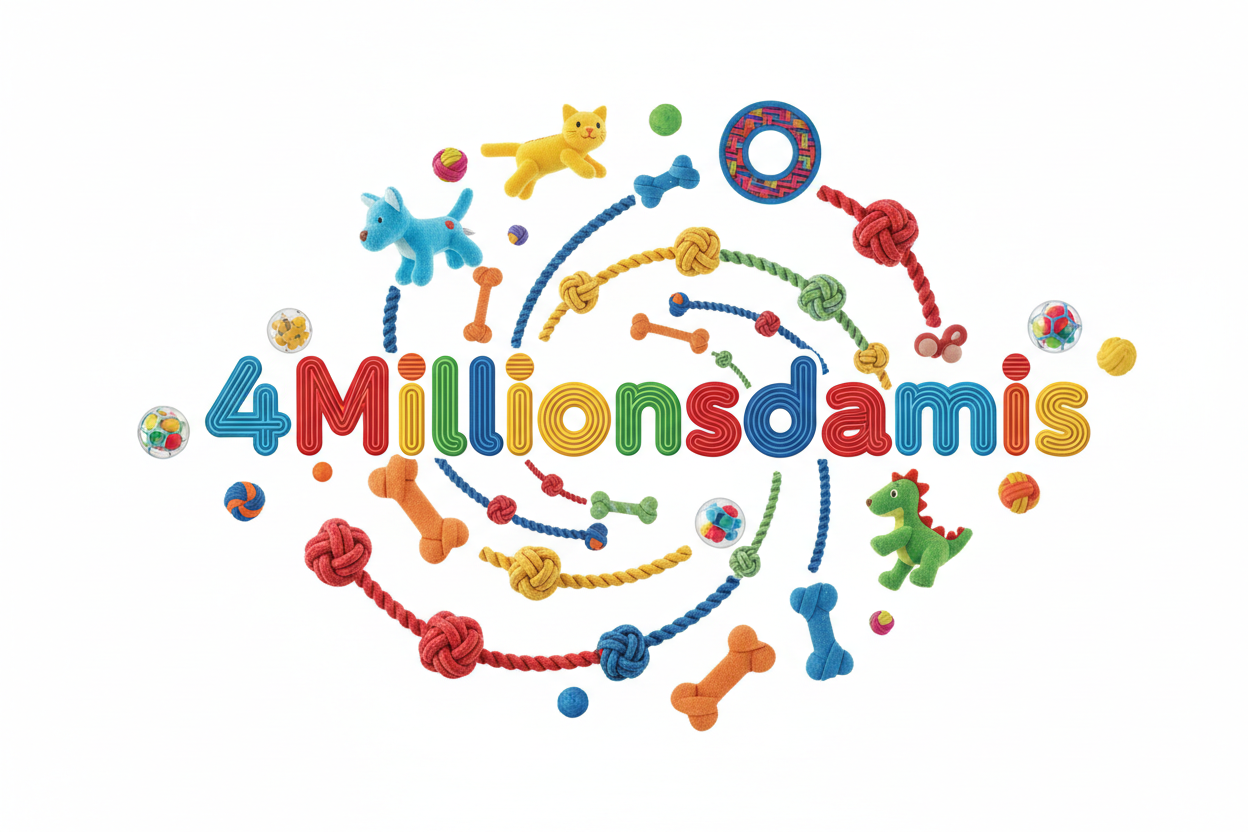 Univers jouet pour animaux texte: ''4Millionsdamis'' fond blanc