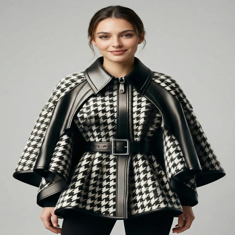 Damen-Cape-Jacke mit Hahnentrittmuster und asymmetrischem Schnitt